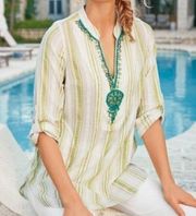 SOFT SURROUNDINGS Elisha Tunic Green White Striped Blue Beaded 100% Cotton Small