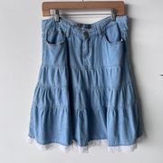 Y2K Cest Toi Premium Denim Tiered Lace Trim Skirt