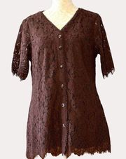 Isaac Mizrahi Lace Button Front Blouse Top Brown XS