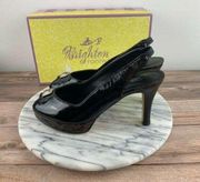 Brighton Welch Leopard Black Patent Leather Peep Toe Slingback Heels Size 8M