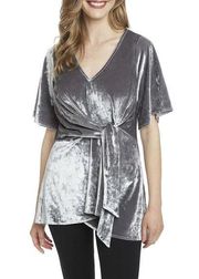 Lysse Jerry Crushed Velvet Twist Front Tunic Top Short Sleeve Silver Size Small