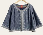 Oscar de la Renta Blue Denim Embroidered Wide Sleeve Boxy Jacket Size 8