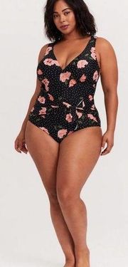 Torrid Black Floral & Polka Dot Tie Front Wireless One-Piece Swimsuit Plus 1X