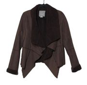 Flying Tomato Womens Open Front Jacket Brown Long Sleeve Faux Fur Trim Collar M