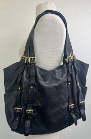 Kooba Bag Paige Buckle Satchel Black Leather Double Handle Gold Hardware Pockets