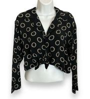 Betsey Johnson Cropped Blouse Black Circle Pattern Tie Front Rayon Size Medium
