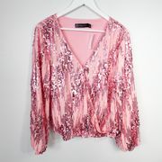 New York & Company Pink Sequin Faux Wrap Balloon Sleeve Blouse