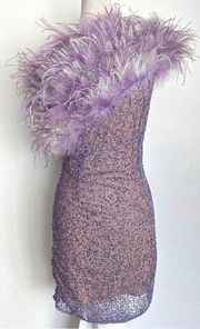 Bronx and Banco Lulu Lilac Purple Feather One Shoulder Sequin Mini Dress