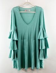 Free People Beach V Neck Tiered Sleeve Seashore Mini Dress Teal Green Large