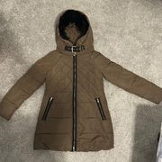 Brown Black Fur Trim Hooded Quilted Puffer Coat M Medium