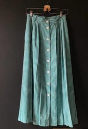 Vintage Joan Walters High Waist Teal Gingham Pleated Button Midi Skirt Size 8