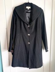 Wool Cashmere Blend Midi Length Large Rounded Neckline Pea Coat Black