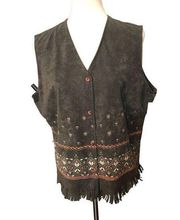 Notations faux suede Aztec western button front fringed dark green vest NWT XL