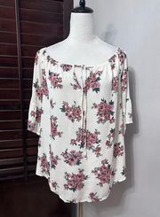 West Kei Womens Blouse White Floral 3/4 Sleeve Boat Neck Tie Cottagecore M New