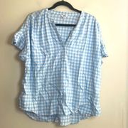 Crown and Ivy Blue Plaid Gingham Short Sleeve Boxy Relaxed Fit Shirt Blouse