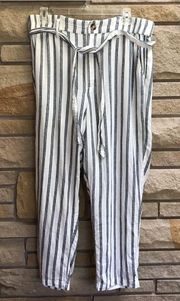 American Eagle Straight Leg Belted Elastic Waist Pants White Blue Stripe large