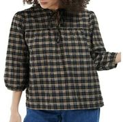 Barbour Lorelie Top Praline Plaid V-neck Seersucker Puff Sleeves 14 New