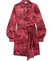 GANNI Silk Stretch Satin Mini Dress Belted Printed Wrap Size 42EU Red