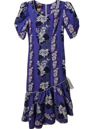 Vintage Coral Reef Hawaii Floral Midi Dress Purple Floral Bow Ruffle Hem NWT