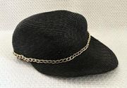 Saks Fifth Avenue Vintage Black Straw Raffia Chainlink Baseball Paperboy Cap Hat