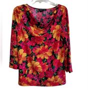 Jones New York Orange Yellow Pink Multicolored Floral Print Blouse Sz Large