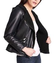 Black Asymmetrical Sherpa Faux Leather Hooded Jacket