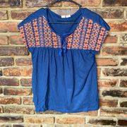 Artisan NY Blue Orange Beaded Embroidered Short Sleeve Top Women's Size Large