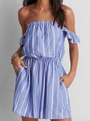 American Eagle Mini Dress Ruffled Off Shoulder Striped Blue White NEW Womens S