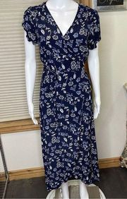 Navy Floral Midi Wrap Dress Size Small