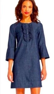 Draper James Dark Denim Chambray Dress Ruffle 3/4 Bell Sleeves Size 8 Women's