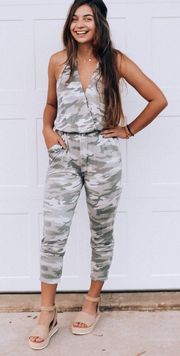 Muted Cool Camo Print Full-length Tank Jumpsuit 