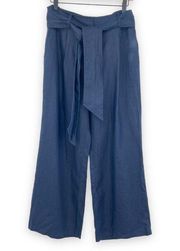 Chelsea28 navy blue 100% linen wide leg cropped belted pants