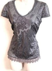 Peter Nygard floral cap short sleeve gray v neck lace blouse…