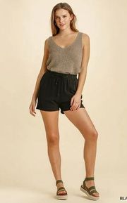 Umgee Black Linen Blend Elastic Waistband & Drawstring Shorts W/ Pockets Small