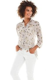 CAbi  Matinee Blouse Top Floral Long Sleeve Button Down Collared Gray Size XS