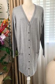 Vintage DG2 by Diane Gilman Metallic Longline Cardigan with Pockets in Silver