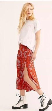 Free People Retro Love Floral Side Slit Boho Midi Skirt Size 8