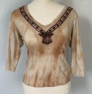Tryst mid length beaded shirt.  Tan tie dye. Size Small.