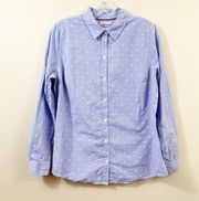 Charter Club Relaxed Houndstooth Plaid/ Polka Dot Blue/White Button Down Top