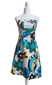 B Smart Women Size 10 Colorful Retro Mod Floral Strapless Cotton Fit Flare Dress