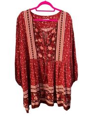 Dia & Co Aveology Baby Doll Peasant Red Pink Boho Hippie Dress Plus Size 26W/28W