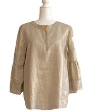 Ellen Tracy Tunic Top Blouse 100% Linen Metallic Gold Bell Sleeve Top Size Large