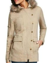 CABI 110 Nanook Faux Fur Trim Hooded Jacket Tan Brown Cotton Blend Parka Coat XS