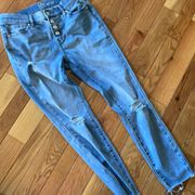 Soho ankle jeans size 4 button fly, holes in knees for trendy look raw hem