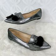 Karl Lagerfeld Dalli Bow Pom Pom Metallic Silver Pointy Flats Size 6.5