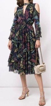 Marchesa Notte Cold Shoulder Ruffle Tea Length Midi Dress, Navy Floral, size 0