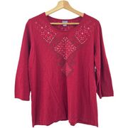 Laura Scott 1X Womens Red 3/4 Sleeve Floral Rhinestone Tee Top Shirt