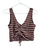 Hearts & Hips Scrunch Front Gathered Ribbed Tank Top Brown White Striped Size L