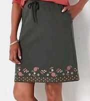J. Jill Watercress Sage Green Knit Floral Embroidered Skirt