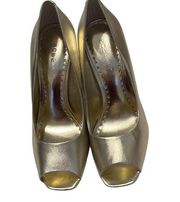 BCBGirls gold leather open toe pumps what a great pair of shoes EUC